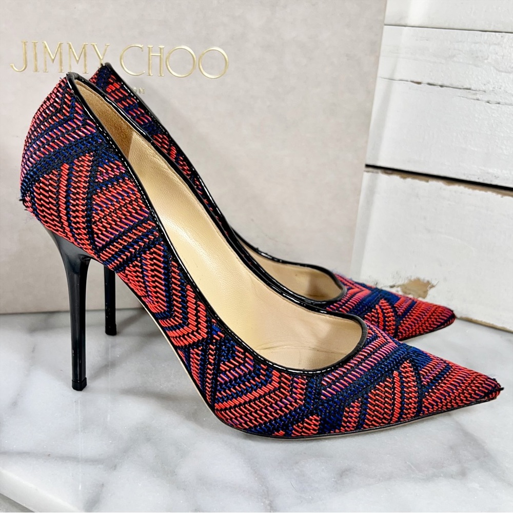 Jimmy Choo Red & Navy Geometric Pattern Woven Pointed Toe Heels - Picture 5 of 7